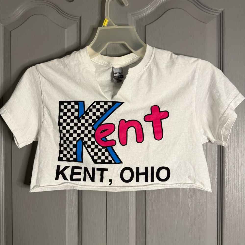 White Cropped Tee with Checker Graphic